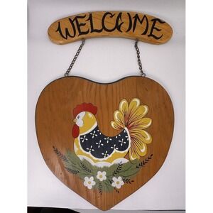 Vintage Wood Hanging Heart Sign Farmhouse Country Rustic Hand Painted Chicken